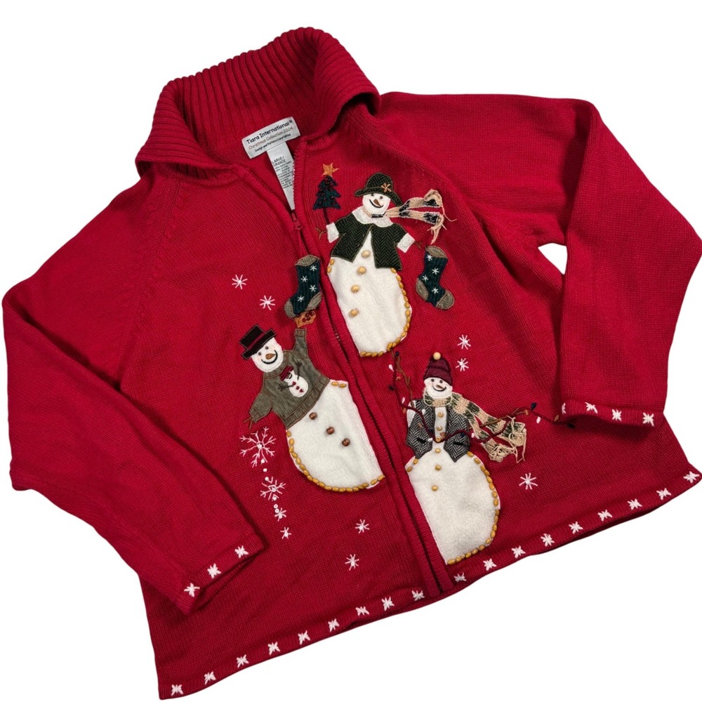 Tiara International L Ugly Christmas Red Sweater Snowman Winter Festive Novelty